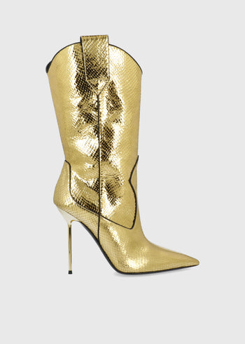 Paris Texas Lidia Western Boot, botas western de lujo, botas doradas de diseñador, metallic python boots, Paris Texas México, luxury western boots, botas edición limitada, Paris Texas Private Edition, GRAN VIA 50 aniversario, botas italianas de lujo, gold metallic boots, luxury cowboy boots women, made in Italy footwear, contemporary luxury fashion Mexico.