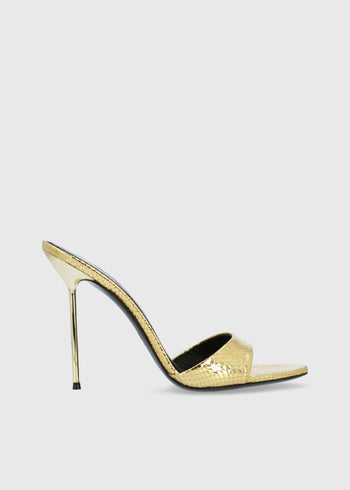 Paris Texas Lidia Mule, Paris Texas México, mule dorado de lujo, metallic python mule, luxury gold mule heels, zapatos edición limitada, Paris Texas Private Edition, edición aniversario GRAN VIA, luxury footwear Mexico, zapatos de diseñador italianos, made in Italy luxury shoes, gold metallic heels, stiletto mule sandals, contemporary luxury footwear.